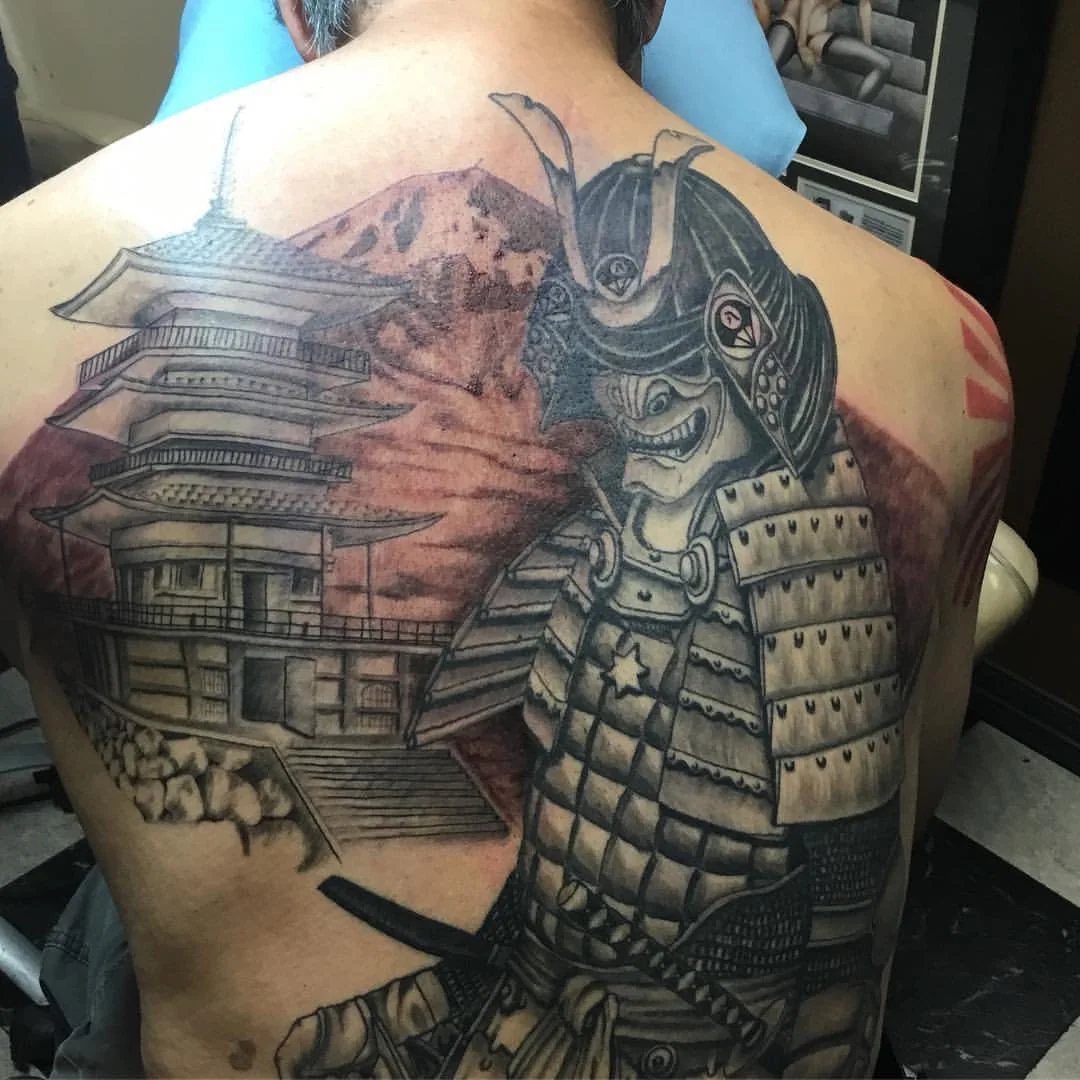 Large Japanese samurai, temple, and mountain backpiece tattoo by Josh Poindexter