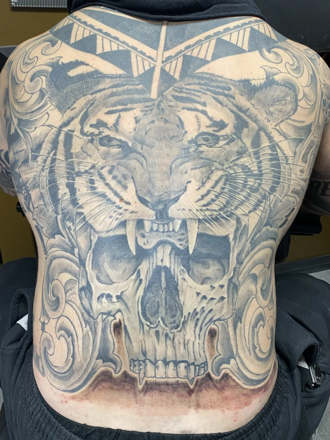 Large black-and-gray tiger and skulls backpiece tattoo by Josh Poindexter